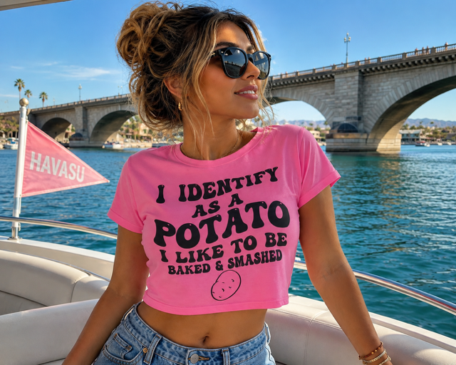 Woman wearing a pink Treat Me Like a Potato crop top on a boat in Lake Havasu City