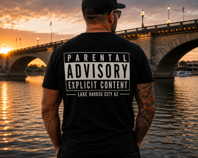 Man wearing black Inland Society Parental Advisory Lake Havasu City AZ t-shirt