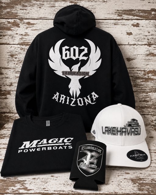 602 Fabrication Arizona hoodie with Magic Powerboats tee, Lake Havasu hat and Eliminator koozie