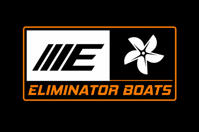 Orange and white Eliminator Boats propeller badge logo artwork