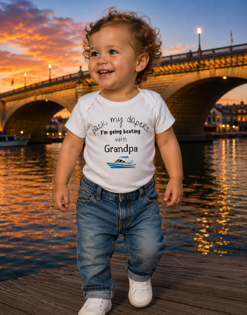 Toddler wearing white Pack My Diapers I'm Going Boating With Grandpa onesie at London Bridge