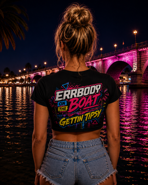 Woman wearing black Errbody On The Boat Gettin Tipsy womens crop top at London Bridge