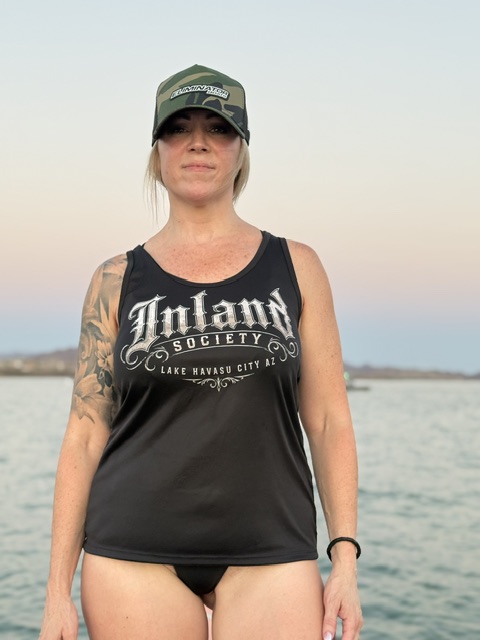 Woman wearing black Inland Society womens sportswear racerback tank at Lake Havasu