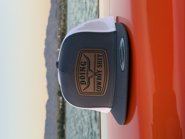 Grey trucker hat with leather longhorn patch