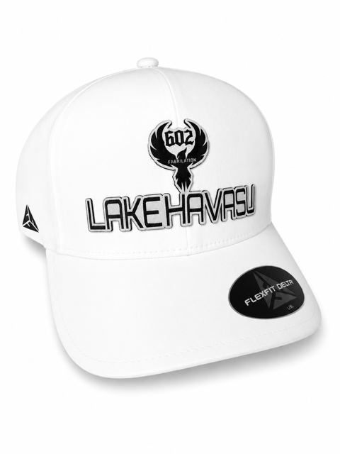 Grey and black trucker hat with business logo patch on an orange boat deck