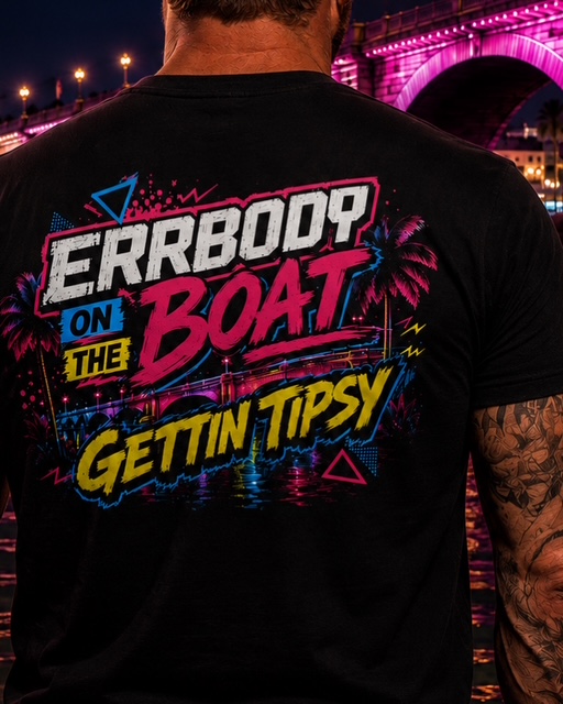 Man wearing black Errbody On The Boat Gettin Tipsy tee at London Bridge
