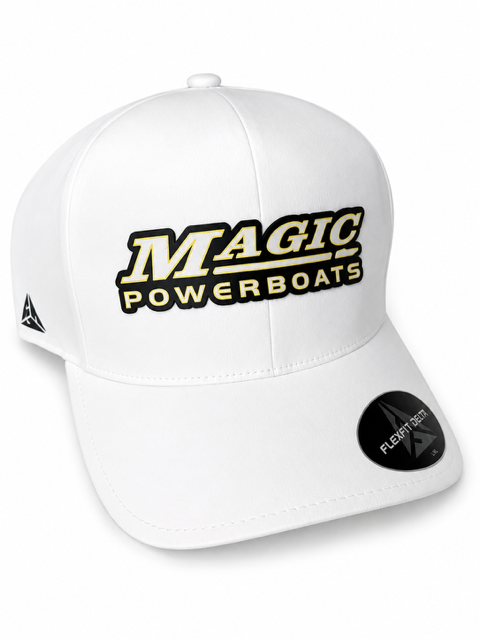 White Magic Powerboats branded Flexfit hat with 3D embroidery