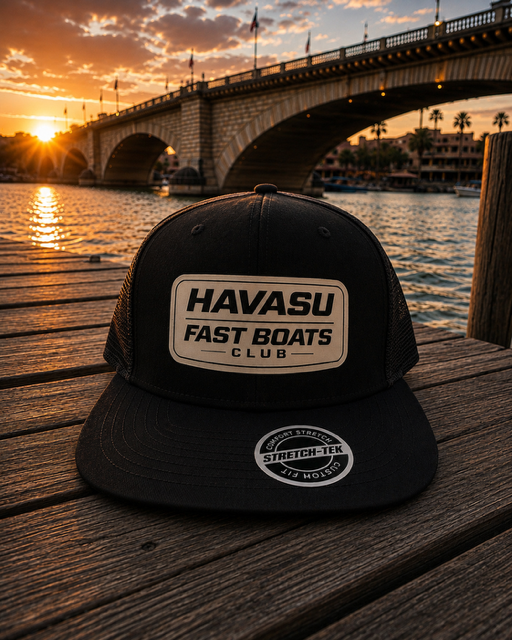 Black Havasu Fast Boats Club trucker hat with leather patch