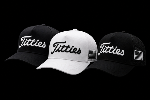 Three embroidered script hats in black and white with American flag side patch