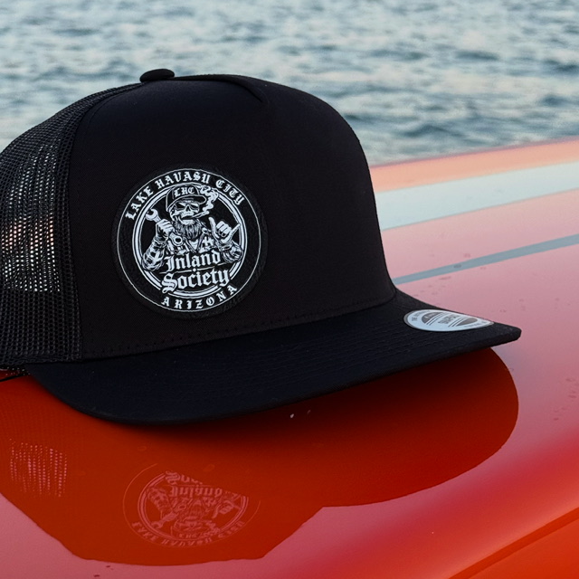 Black Inland Society garage patch trucker hat