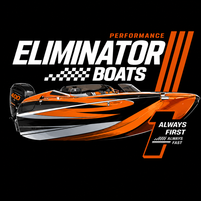 Eliminator Performance Boats orange race boat print artwork with Always First Always Fast