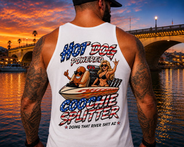 Man wearing white Inland Society boat graphic tank top