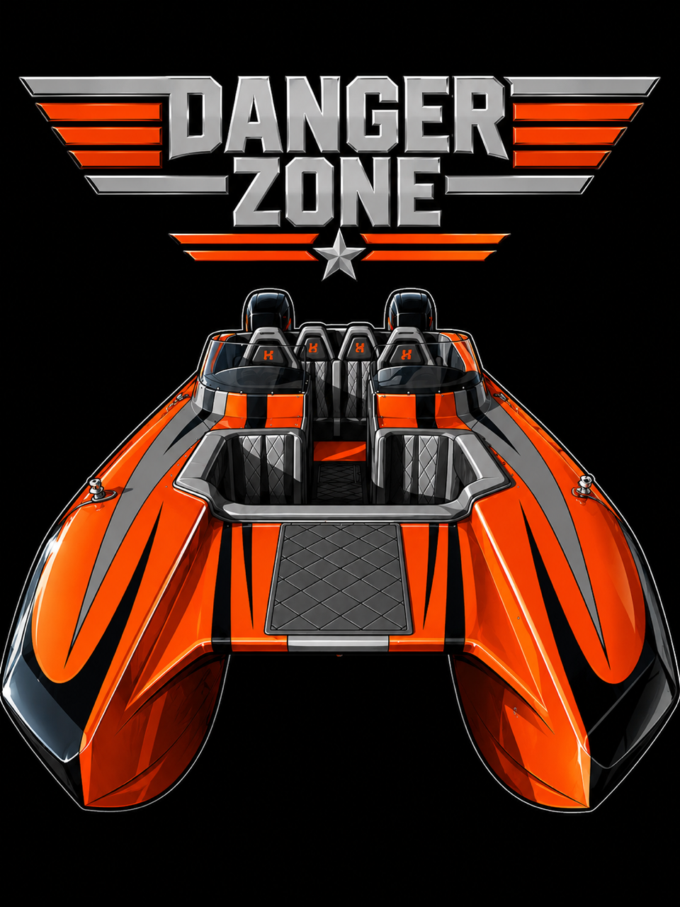 Danger Zone orange and grey catamaran race boat artwork
