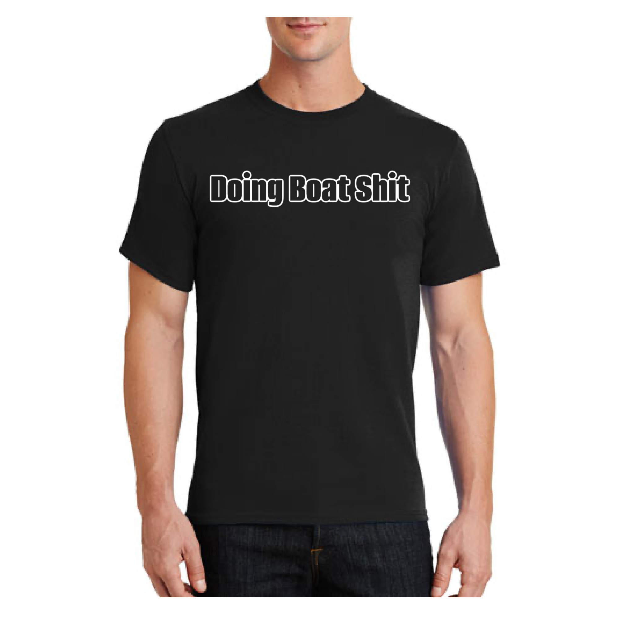 Model wearing a black Doing Boat Shit t-shirt with custom back logo styling