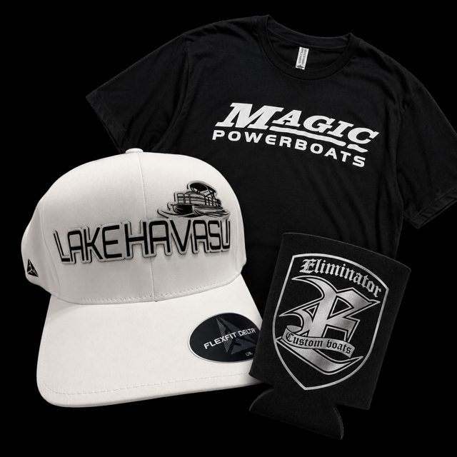 Magic Powerboats tee, white Lake Havasu Flexfit hat and Eliminator Custom Boats koozie